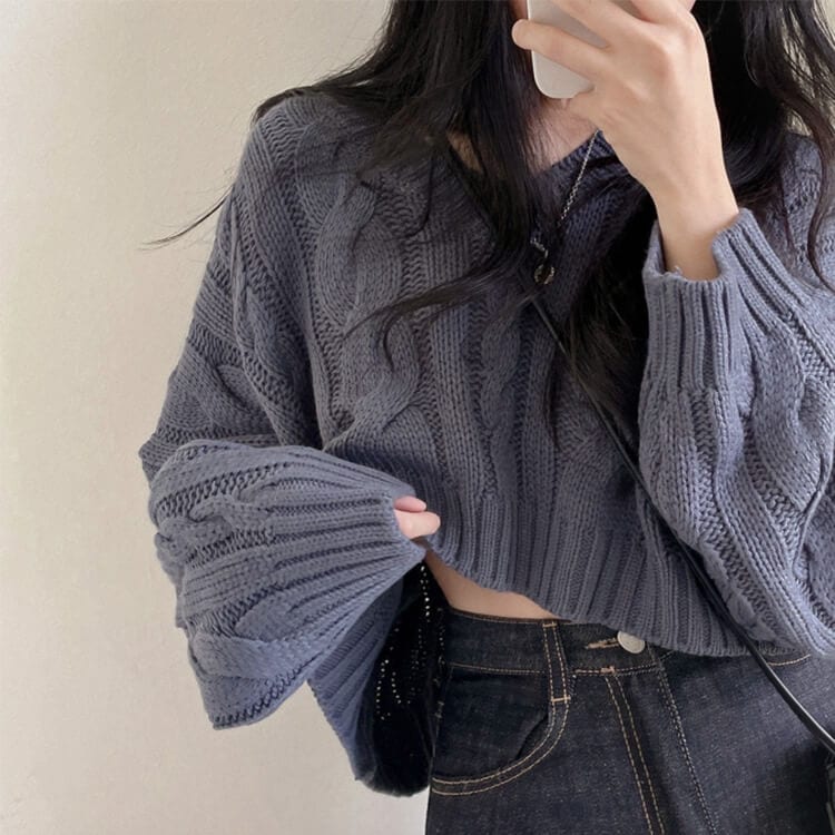 クロップド丈 Vネック ケーブル編み ニット トップス