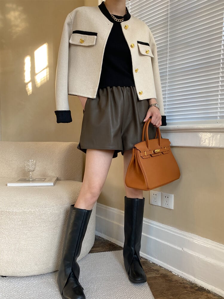 Aライン ショート丈 ワイド レザーパンツ