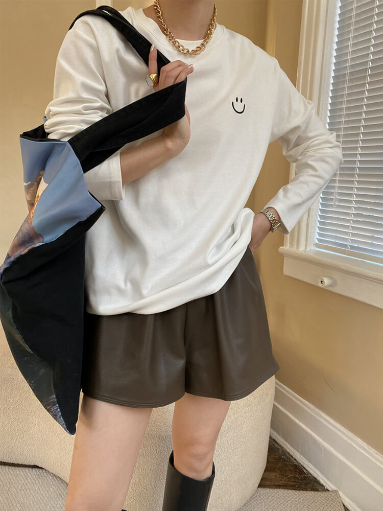 Aライン ショート丈 ワイド レザーパンツ