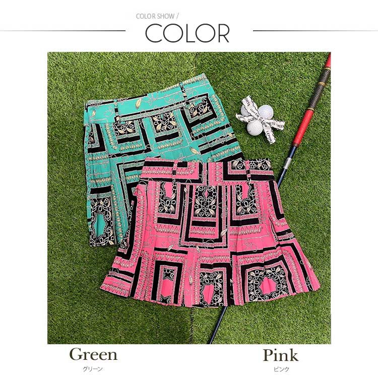 韓国ゴルフウェア スカーフ柄 ショート丈 プリーツスカート