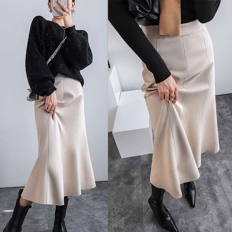 スエード調 ミモレ丈 マーメイドスカート