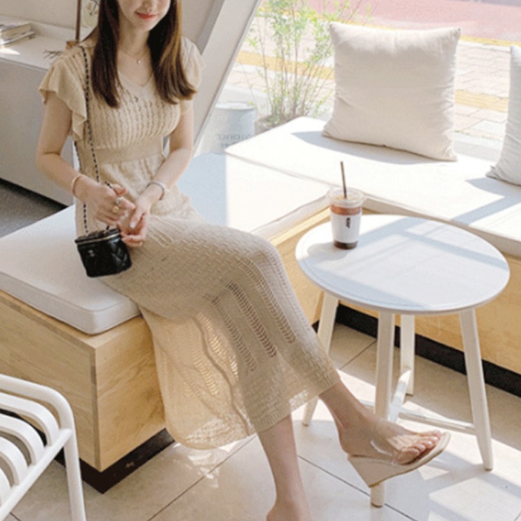 フリルフレンチスリーブ クロシェニット ロングワンピース