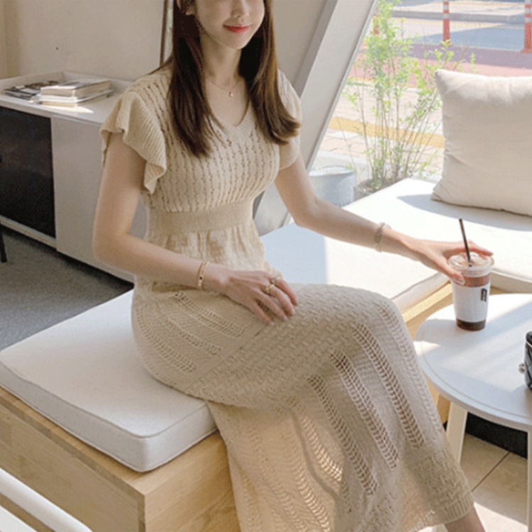 フリルフレンチスリーブ クロシェニット ロングワンピース