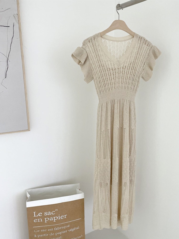 フリルフレンチスリーブ クロシェニット ロングワンピース
