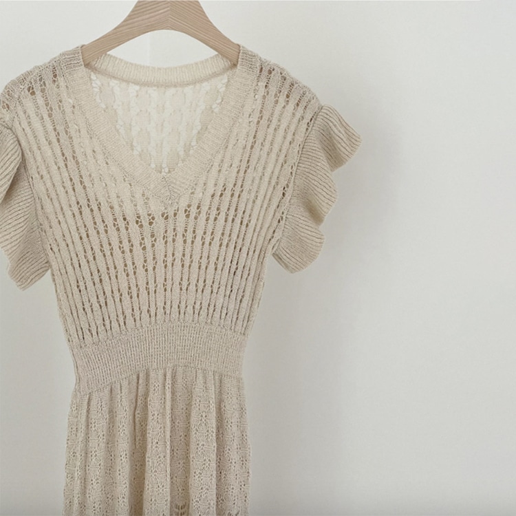 フリルフレンチスリーブ クロシェニット ロングワンピース