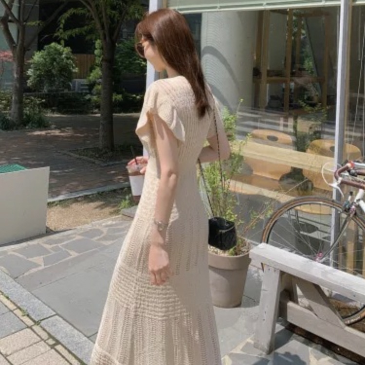 フリルフレンチスリーブ クロシェニット ロングワンピース