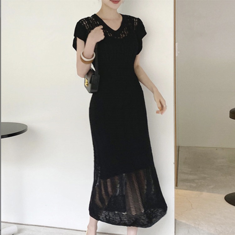 フリルフレンチスリーブ クロシェニット ロングワンピース