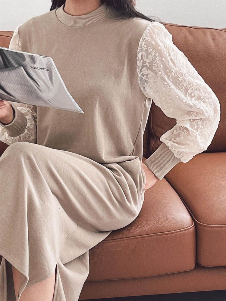 レース袖 切り替え ミモレ丈 長袖ワンピース