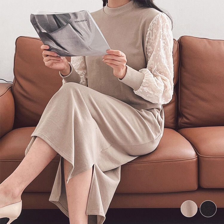 レース袖 切り替え ミモレ丈 長袖ワンピース