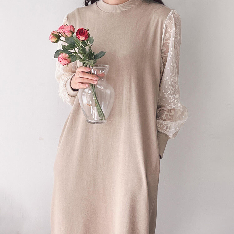 レース袖 切り替え ミモレ丈 長袖ワンピース