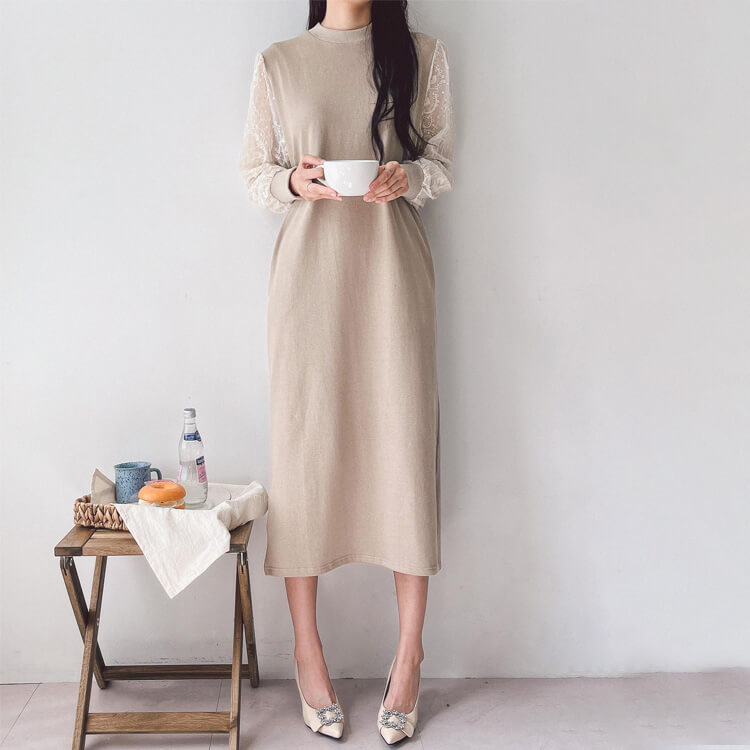 レース袖 切り替え ミモレ丈 長袖ワンピース