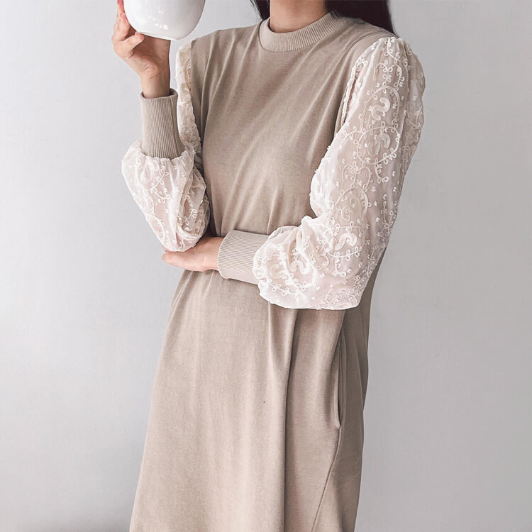 レース袖 切り替え ミモレ丈 長袖ワンピース