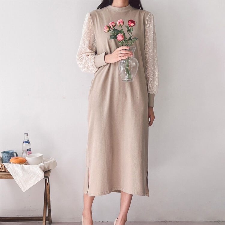 レース袖 切り替え ミモレ丈 長袖ワンピース