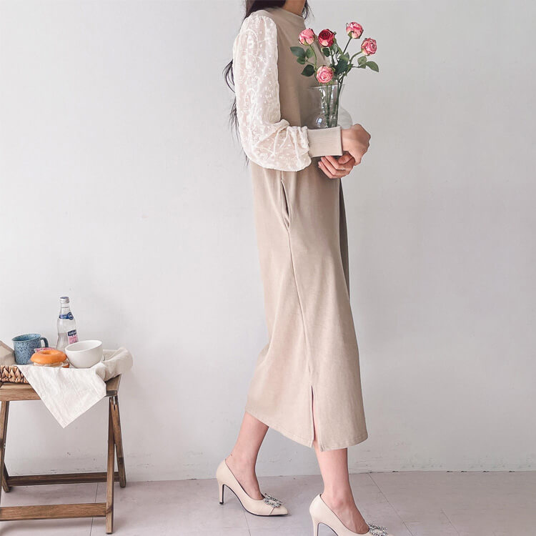 レース袖 切り替え ミモレ丈 長袖ワンピース