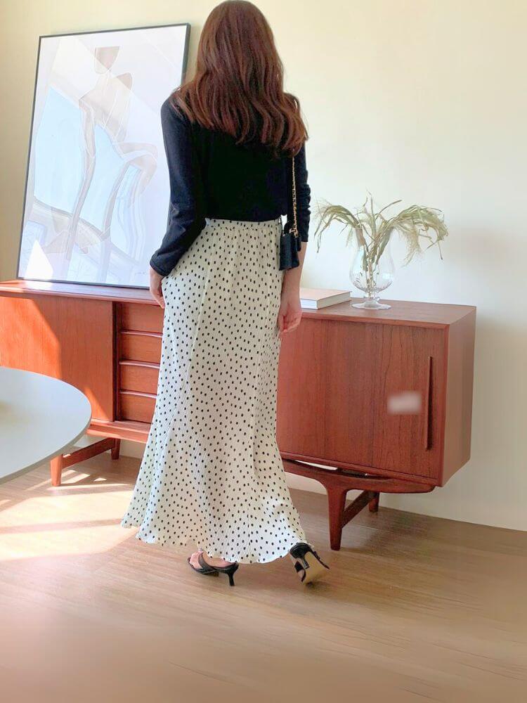 韓国風 ミニプリーツ ドット柄 ロング丈 スカート

