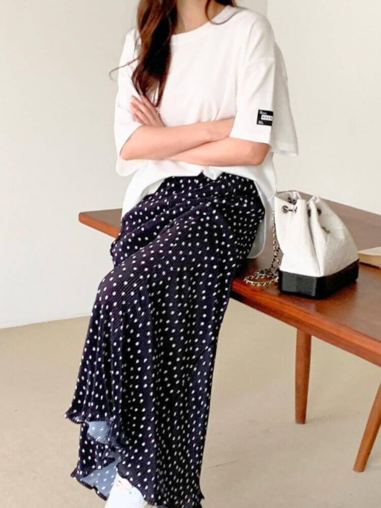 韓国風 ミニプリーツ ドット柄 ロング丈 スカート

