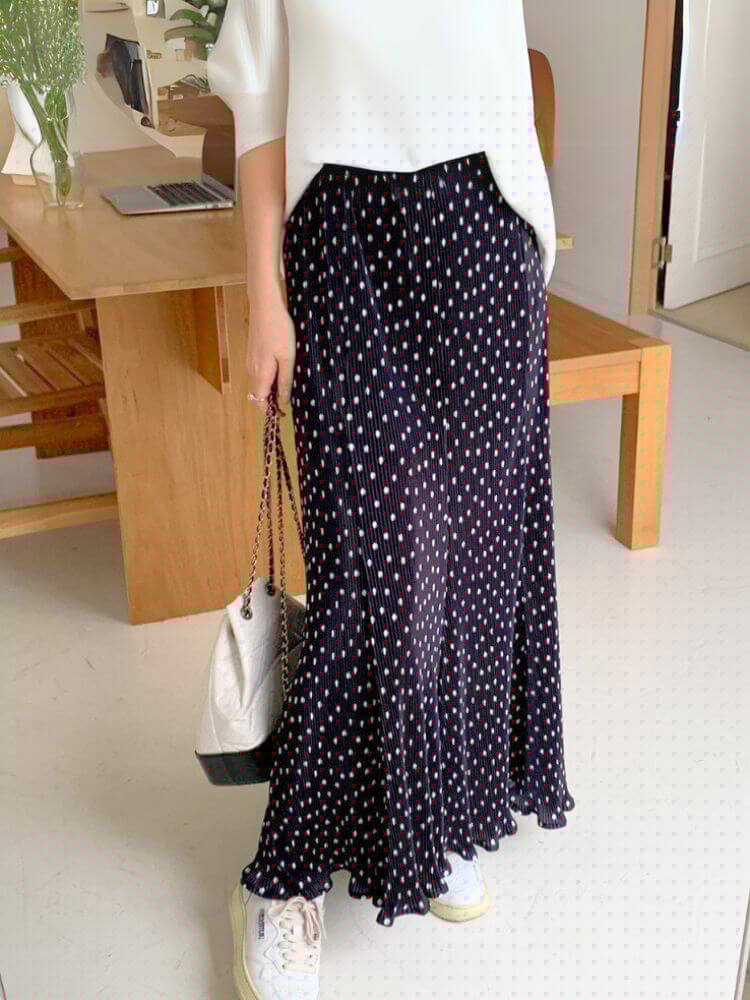 韓国風 ミニプリーツ ドット柄 ロング丈 スカート

