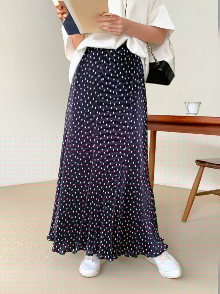 韓国風 ミニプリーツ ドット柄 ロング丈 スカート

