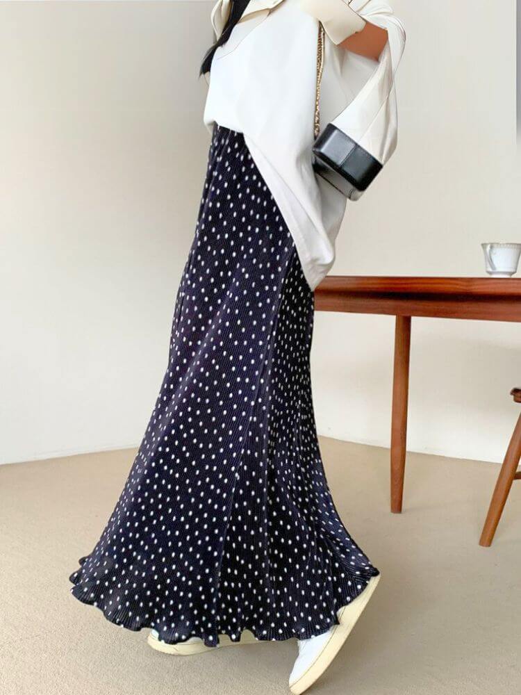 韓国風 ミニプリーツ ドット柄 ロング丈 スカート

