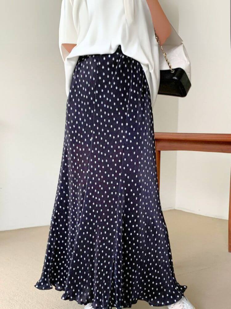 韓国風 ミニプリーツ ドット柄 ロング丈 スカート

