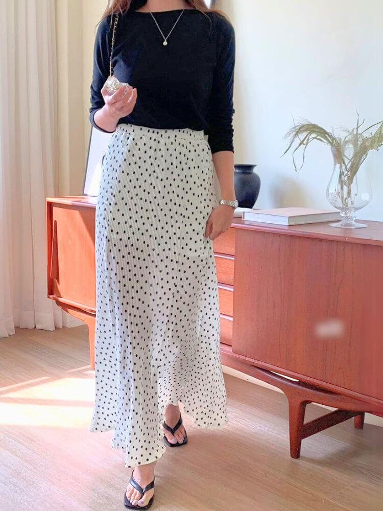 韓国風 ミニプリーツ ドット柄 ロング丈 スカート

