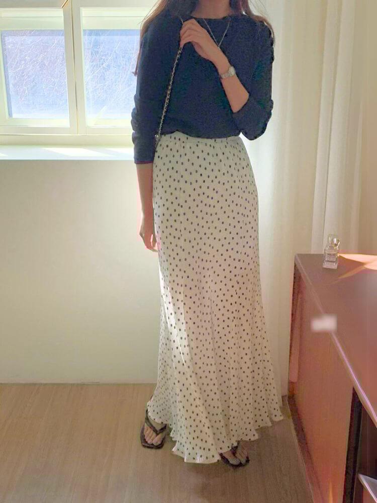 韓国風 ミニプリーツ ドット柄 ロング丈 スカート

