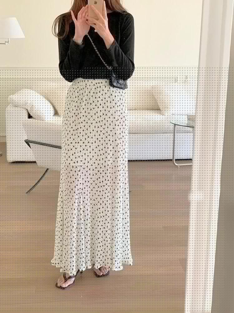 韓国風 ミニプリーツ ドット柄 ロング丈 スカート

