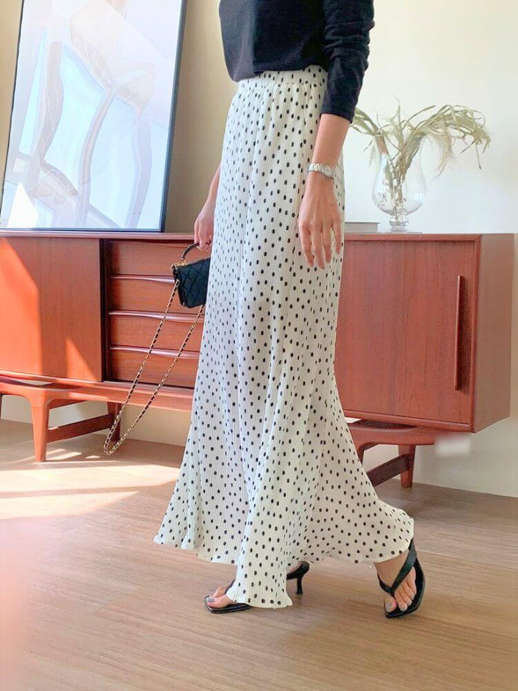 韓国風 ミニプリーツ ドット柄 ロング丈 スカート

