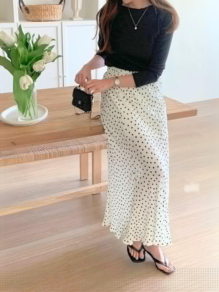 韓国風 ミニプリーツ ドット柄 ロング丈 スカート

