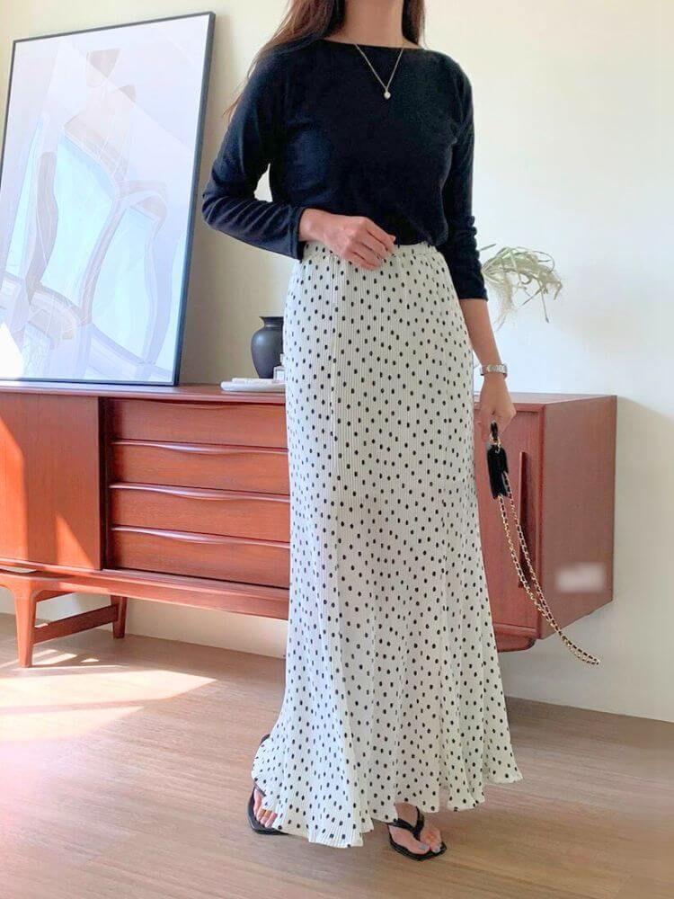 韓国風 ミニプリーツ ドット柄 ロング丈 スカート


