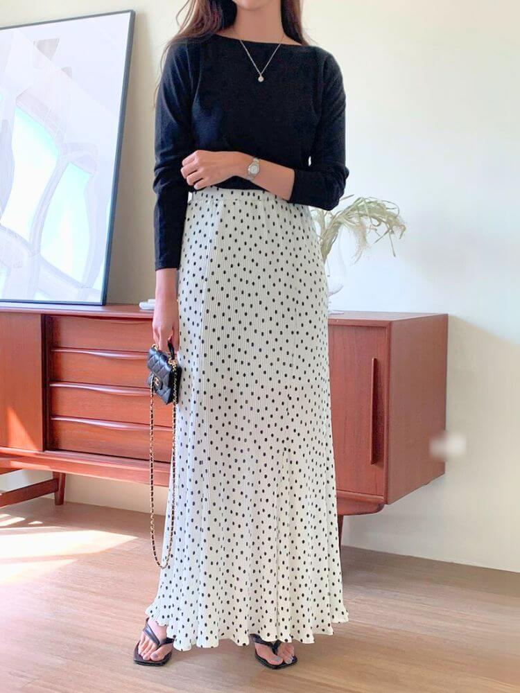 韓国風 ミニプリーツ ドット柄 ロング丈 スカート


