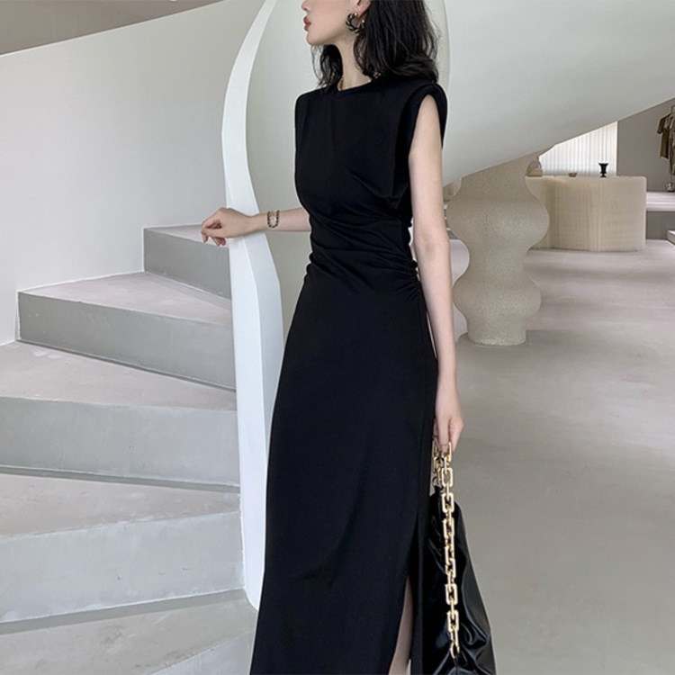 キャップスリーブ タイトフィット ミモレ丈ワンピース