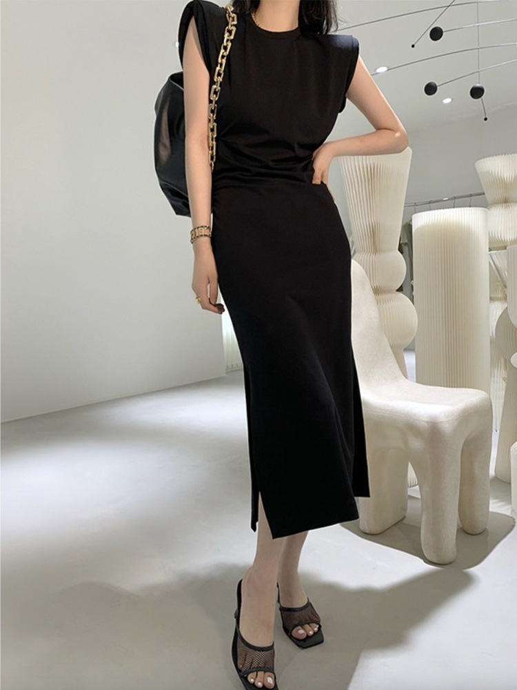 キャップスリーブ タイトフィット ミモレ丈ワンピース