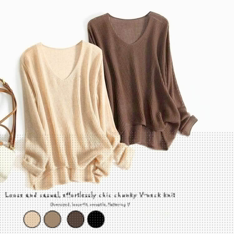 Vネック ざっくり リブニット トップス

