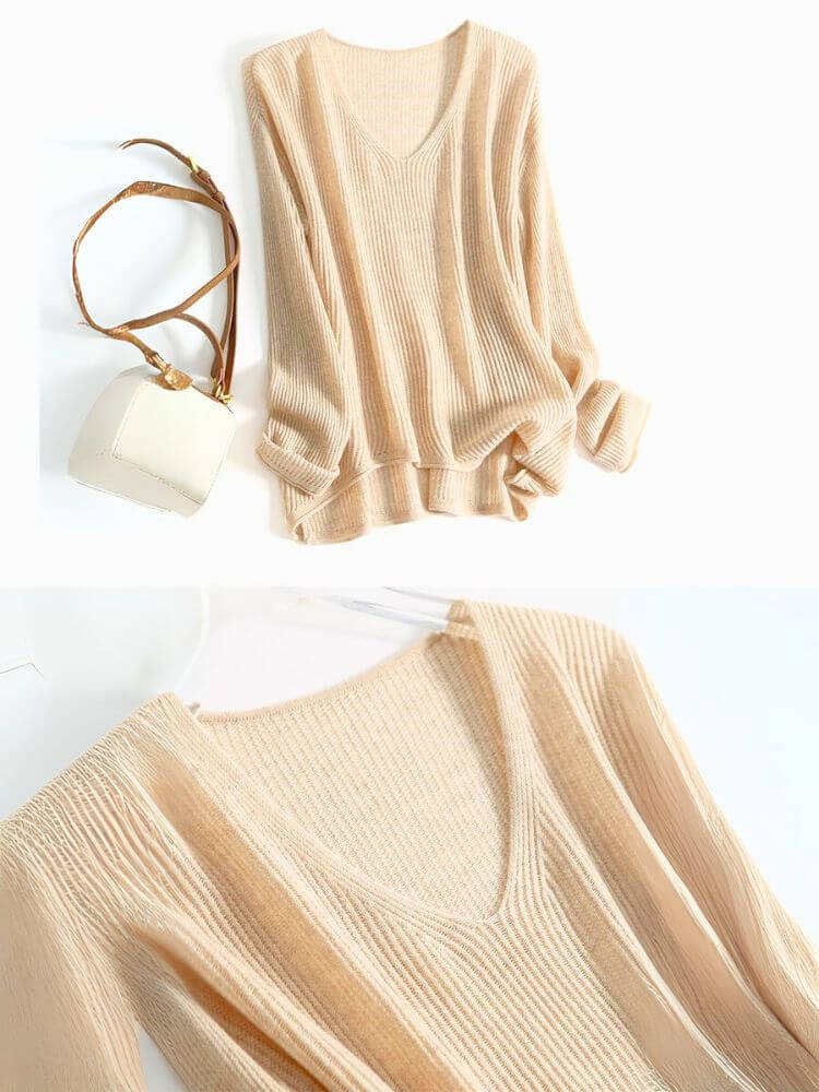 Vネック ざっくり リブニット トップス

