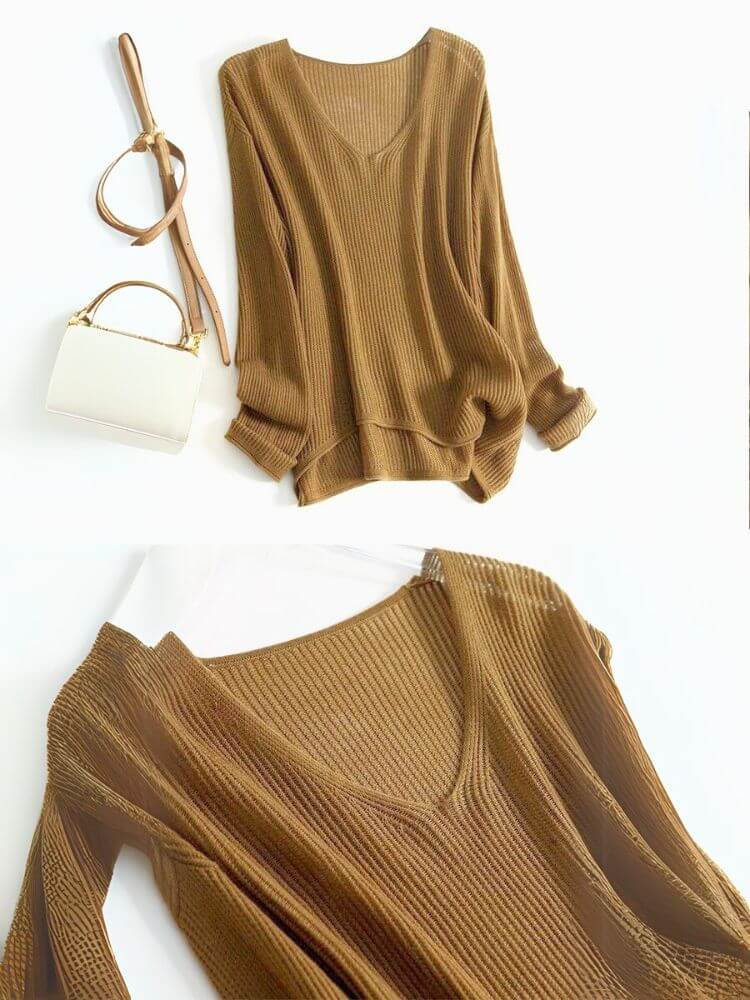 Vネック ざっくり リブニット トップス

