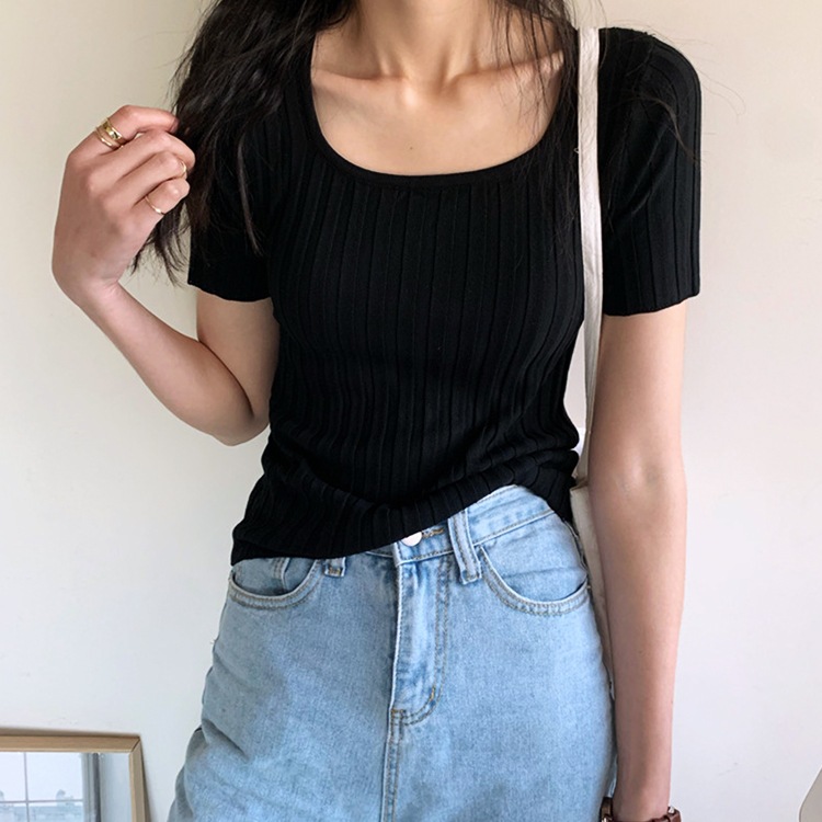 デコルテ見せ Uライン リブ 半袖Tシャツ