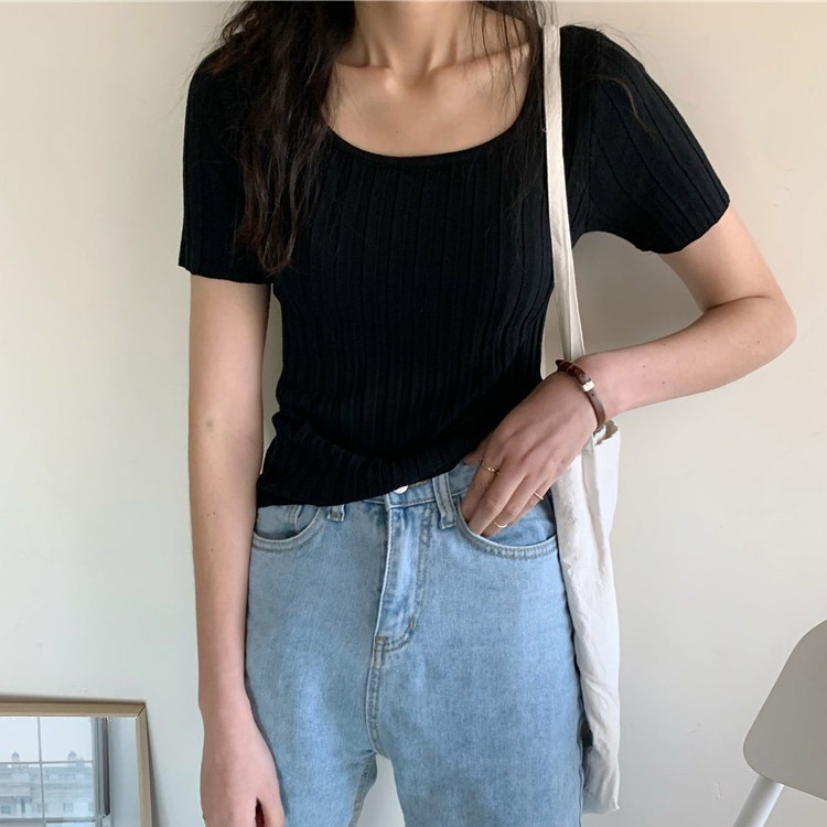 デコルテ見せ Uライン リブ 半袖Tシャツ