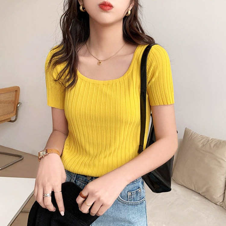 デコルテ見せ Uライン リブ 半袖Tシャツ