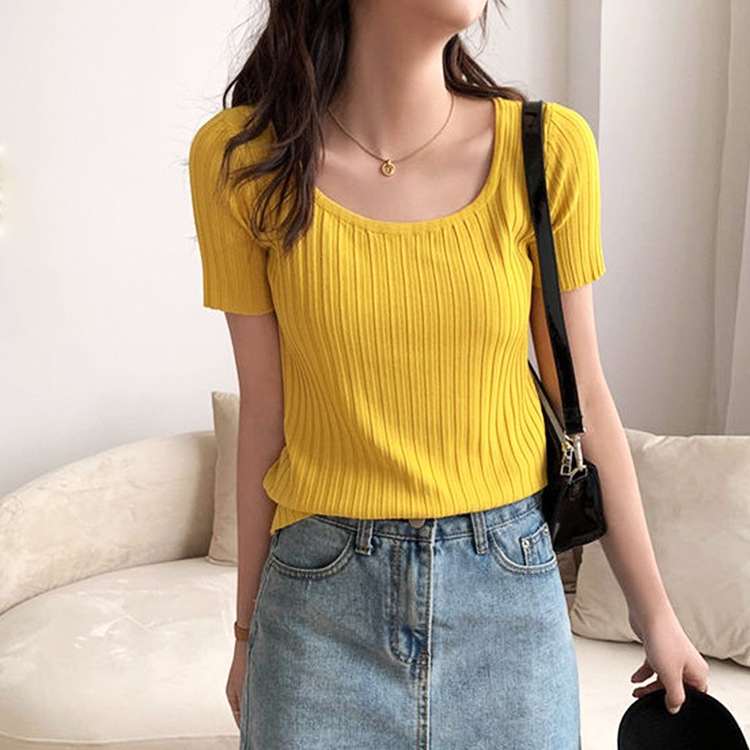 デコルテ見せ Uライン リブ 半袖Tシャツ