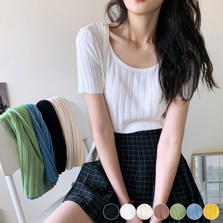 デコルテ見せ Uライン リブ 半袖Tシャツ