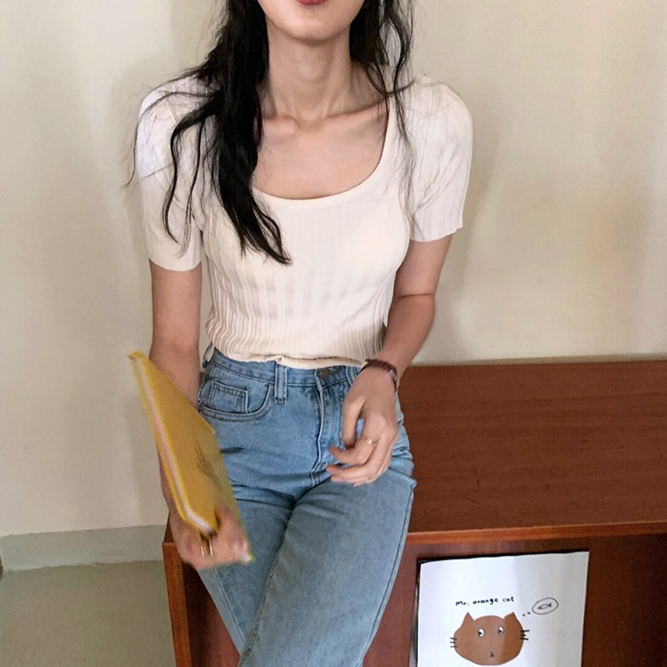 デコルテ見せ Uライン リブ 半袖Tシャツ