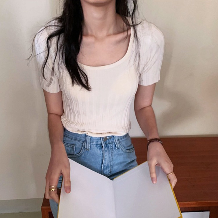 デコルテ見せ Uライン リブ 半袖Tシャツ