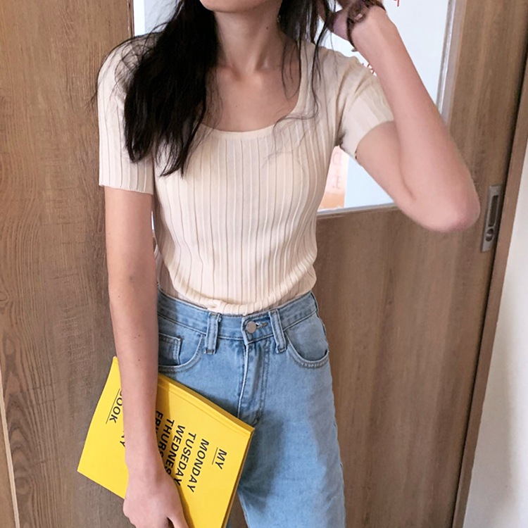 デコルテ見せ Uライン リブ 半袖Tシャツ