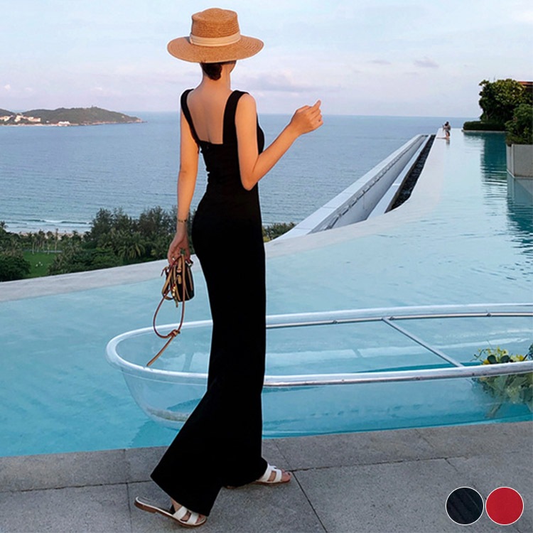 スクエアネック キャミソール サロペット ワイドパンツ