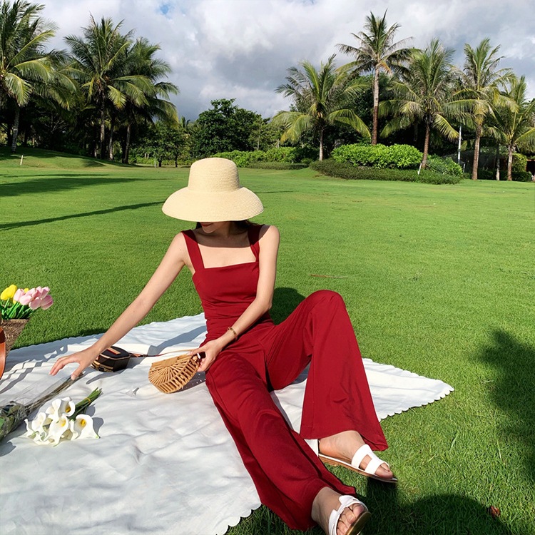 スクエアネック キャミソール サロペット ワイドパンツ