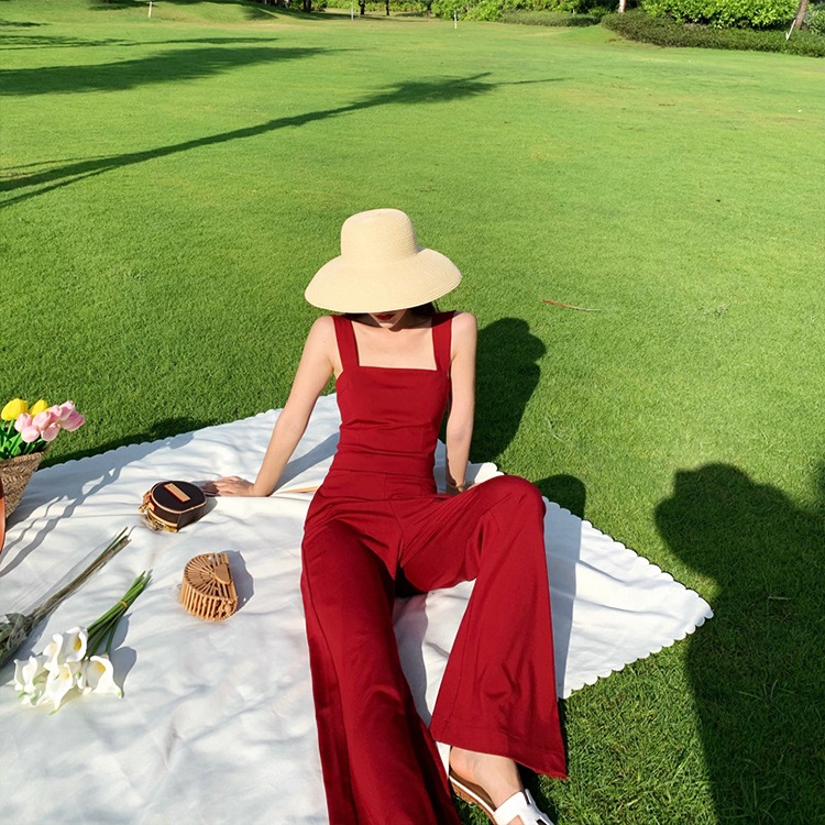 スクエアネック キャミソール サロペット ワイドパンツ