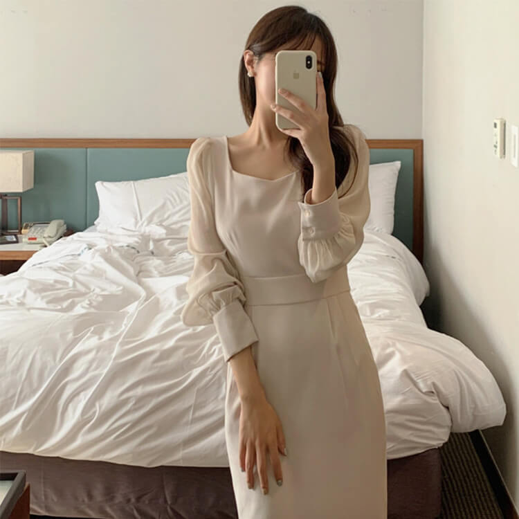 スクエアネック ハイウエスト 長袖シースルー