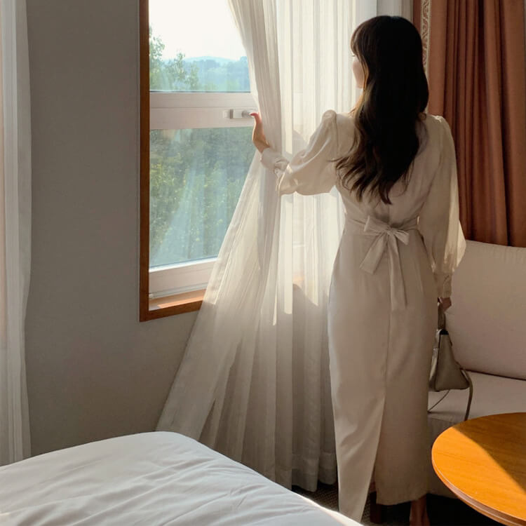 スクエアネック ハイウエスト 長袖シースルー