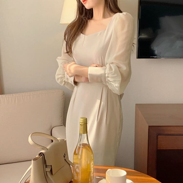 スクエアネック ハイウエスト 長袖シースルー